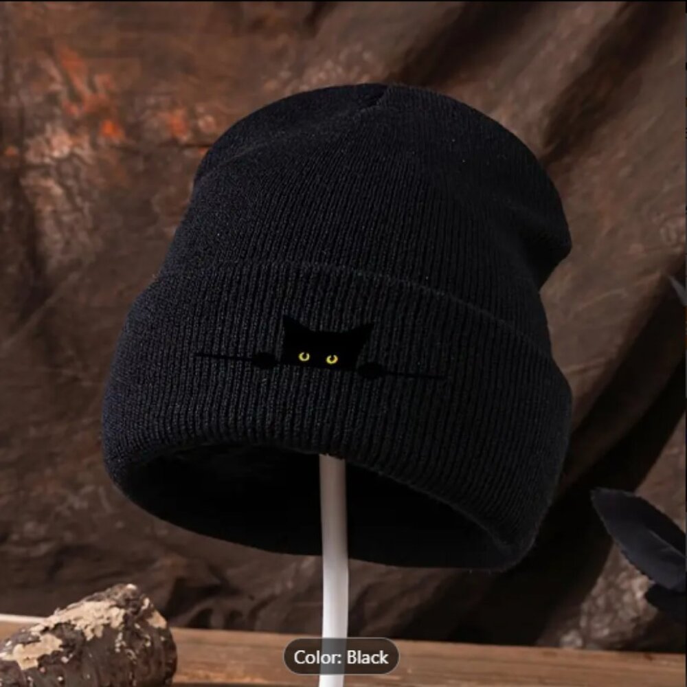 Black Beanie with Cat